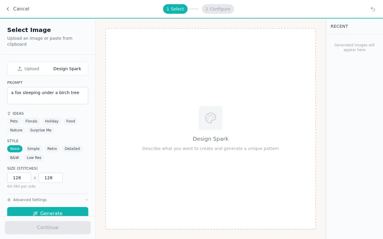 The Design Spark panel with a written prompt, style options, and a size in stitches
